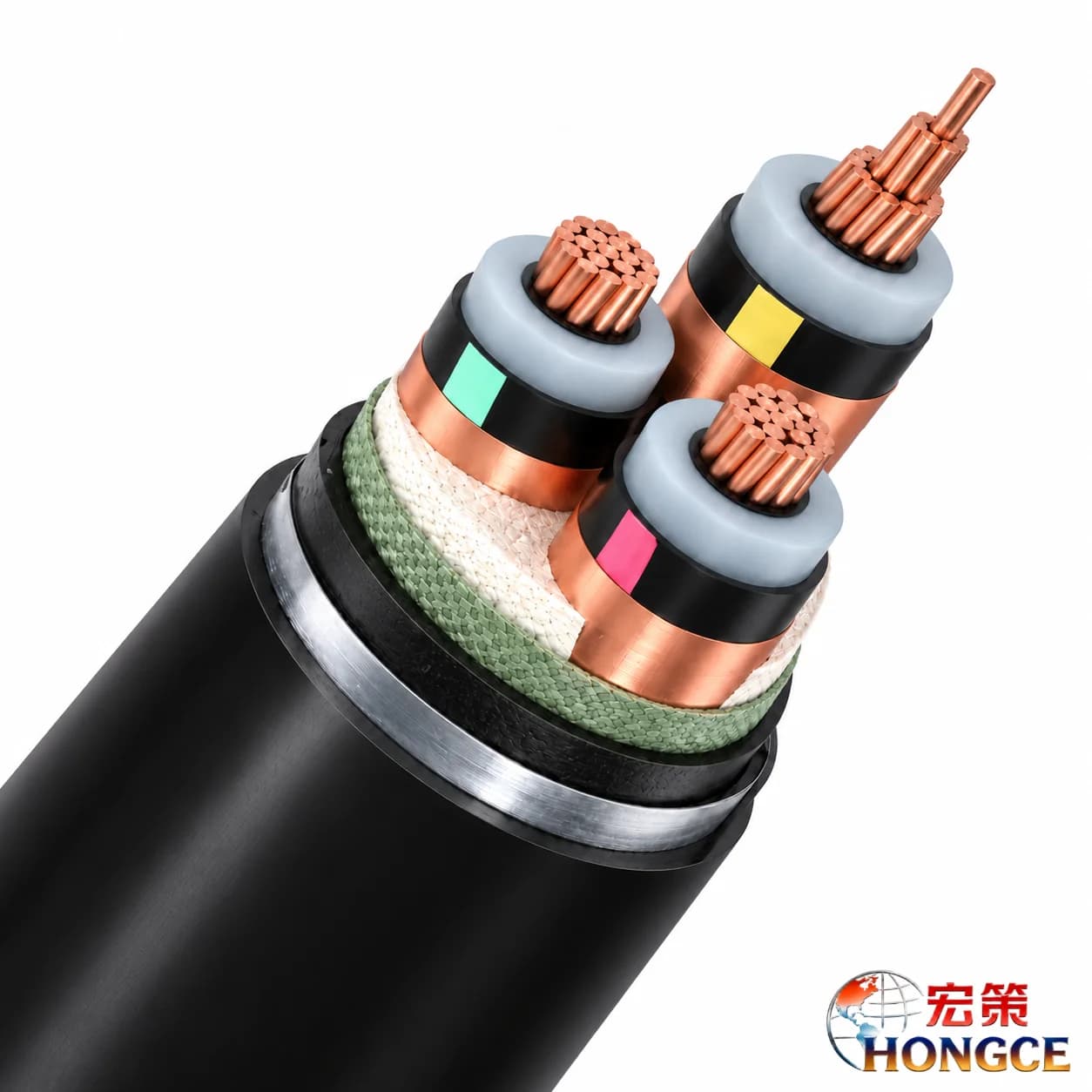 Hongce Cable YJV22 8.7/15 kV three-core power cable cutaway showing copper conductors, XLPE insulation, copper tape screens, steel tape armour and PVC sheath