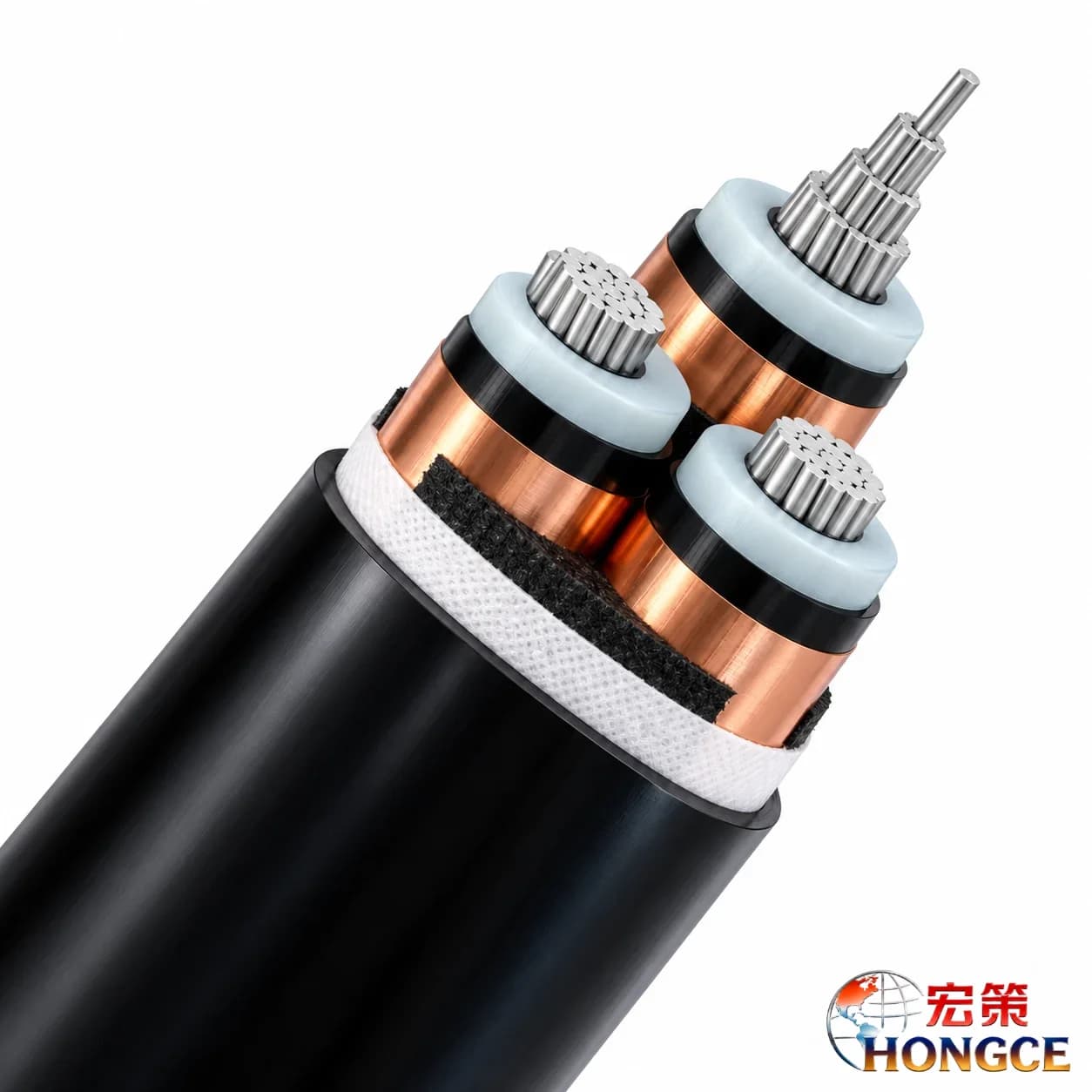 Hongce Cable YJLV 26/35 kV three-core power cable: cross-sectional view showing the aluminum conductor, XLPE insulation layer, copper tape shielding, and black PVC outer sheath.