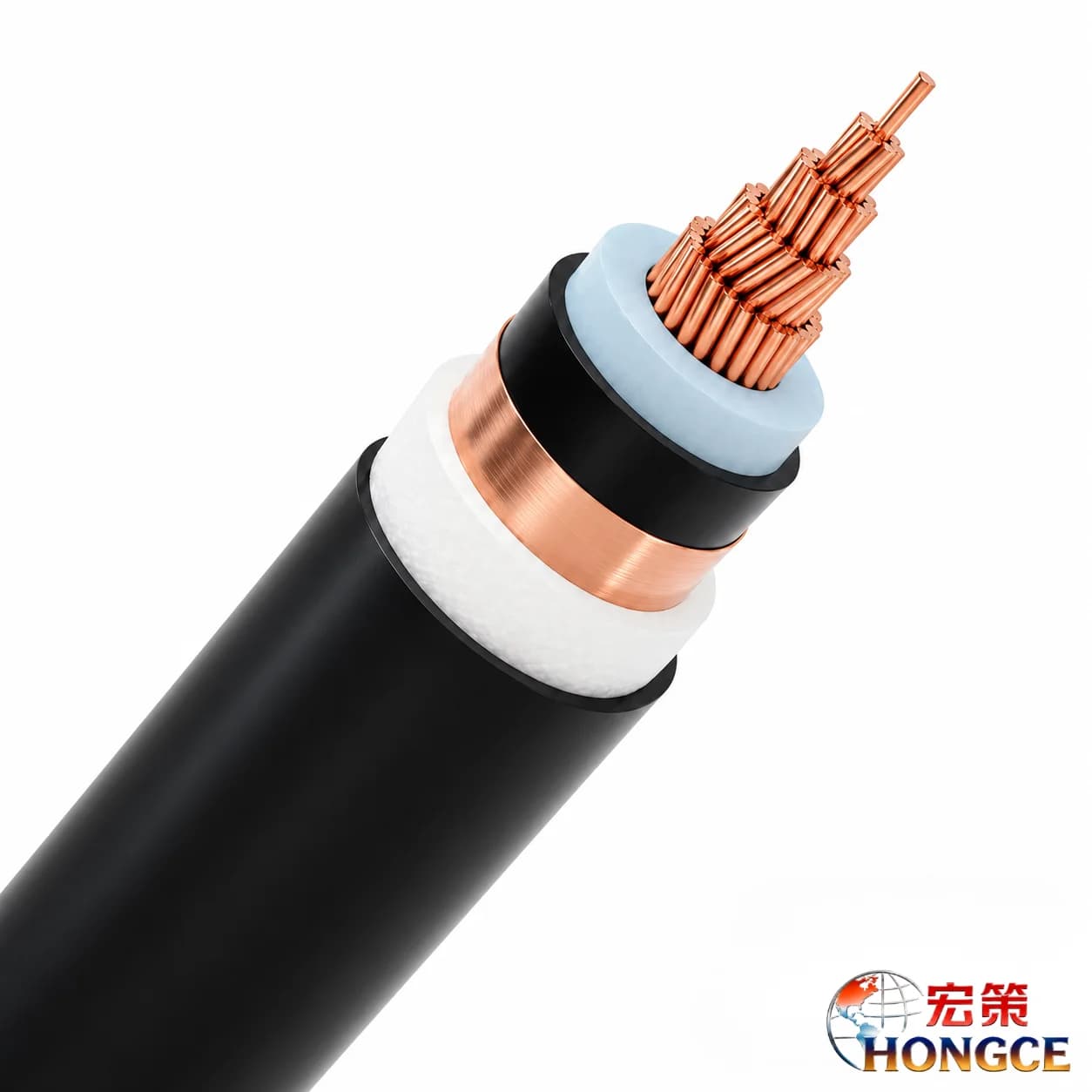 YJV 26/35 kV single-core power cable cutaway showing stranded copper conductor, XLPE insulation, copper tape screen and black PVC sheath