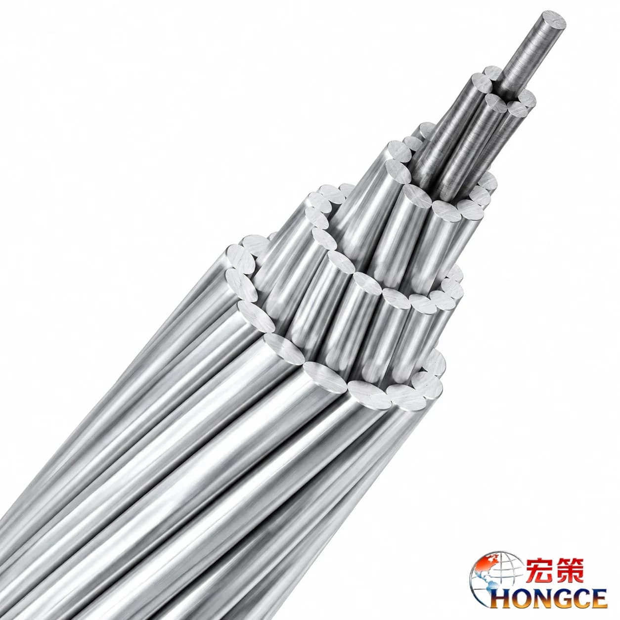ACSR aluminum conductor steel-reinforced cable with stranded aluminum wires and a galvanized steel core on a white background.