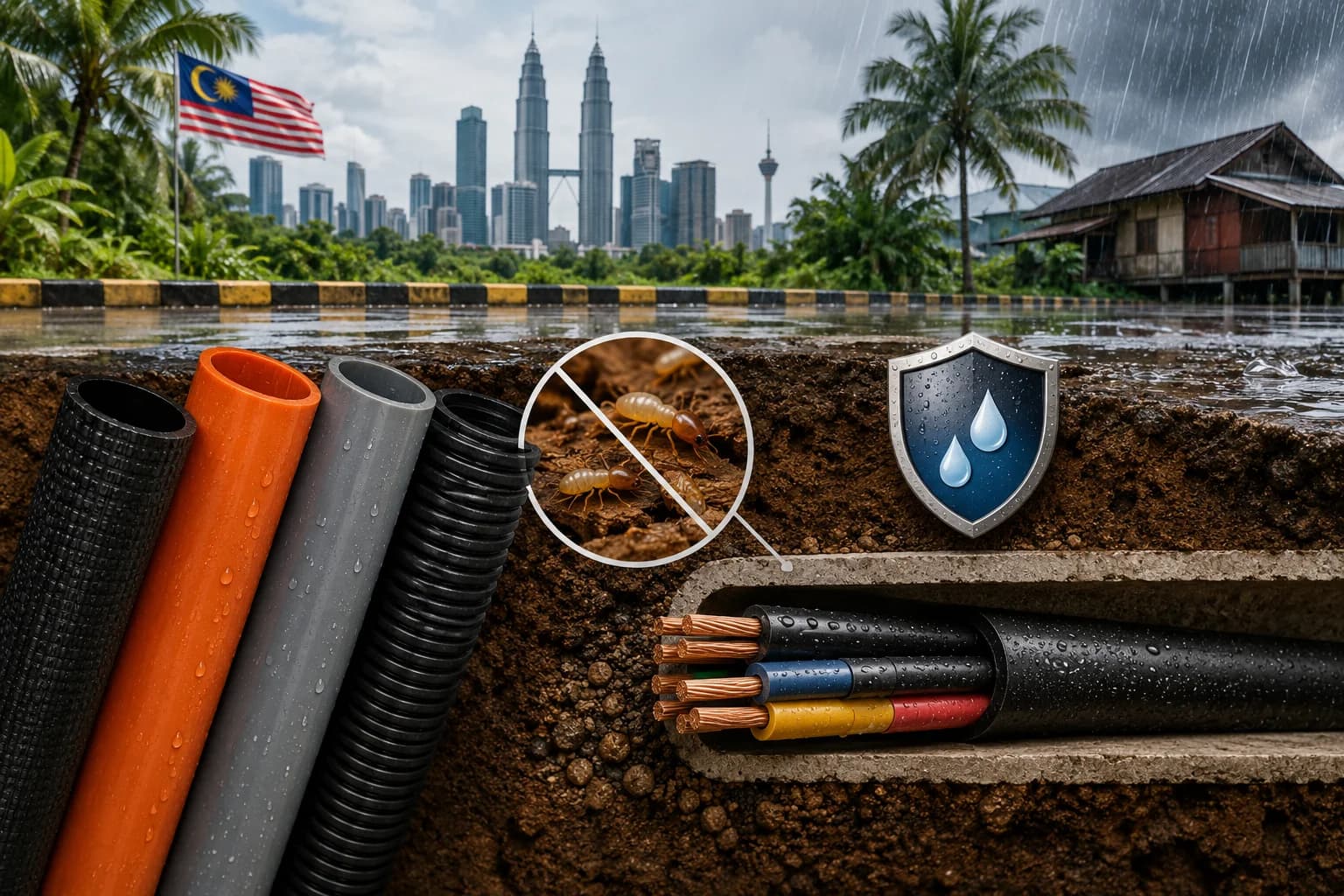 Anti-termite and waterproof underground power cable with durable protective sheathing installed in a tropical Malaysian environment for reliable Southeast Asian infrastructure projects.