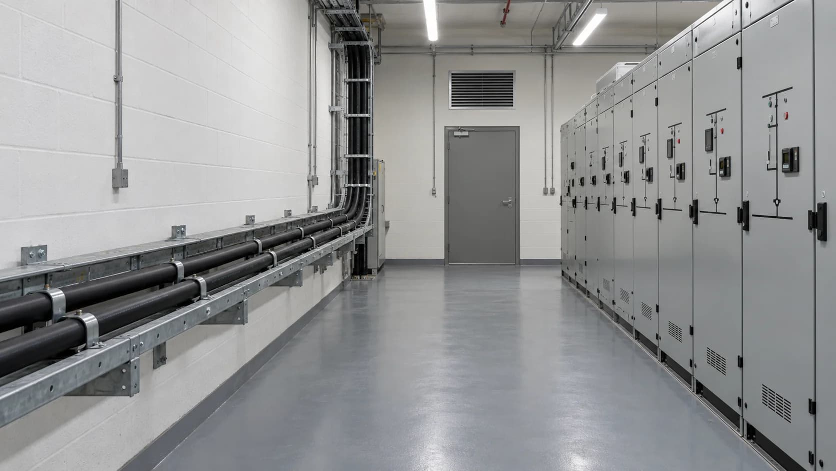 Black power cables on wall-mounted trays beside enclosed switchgear in a building electrical room
