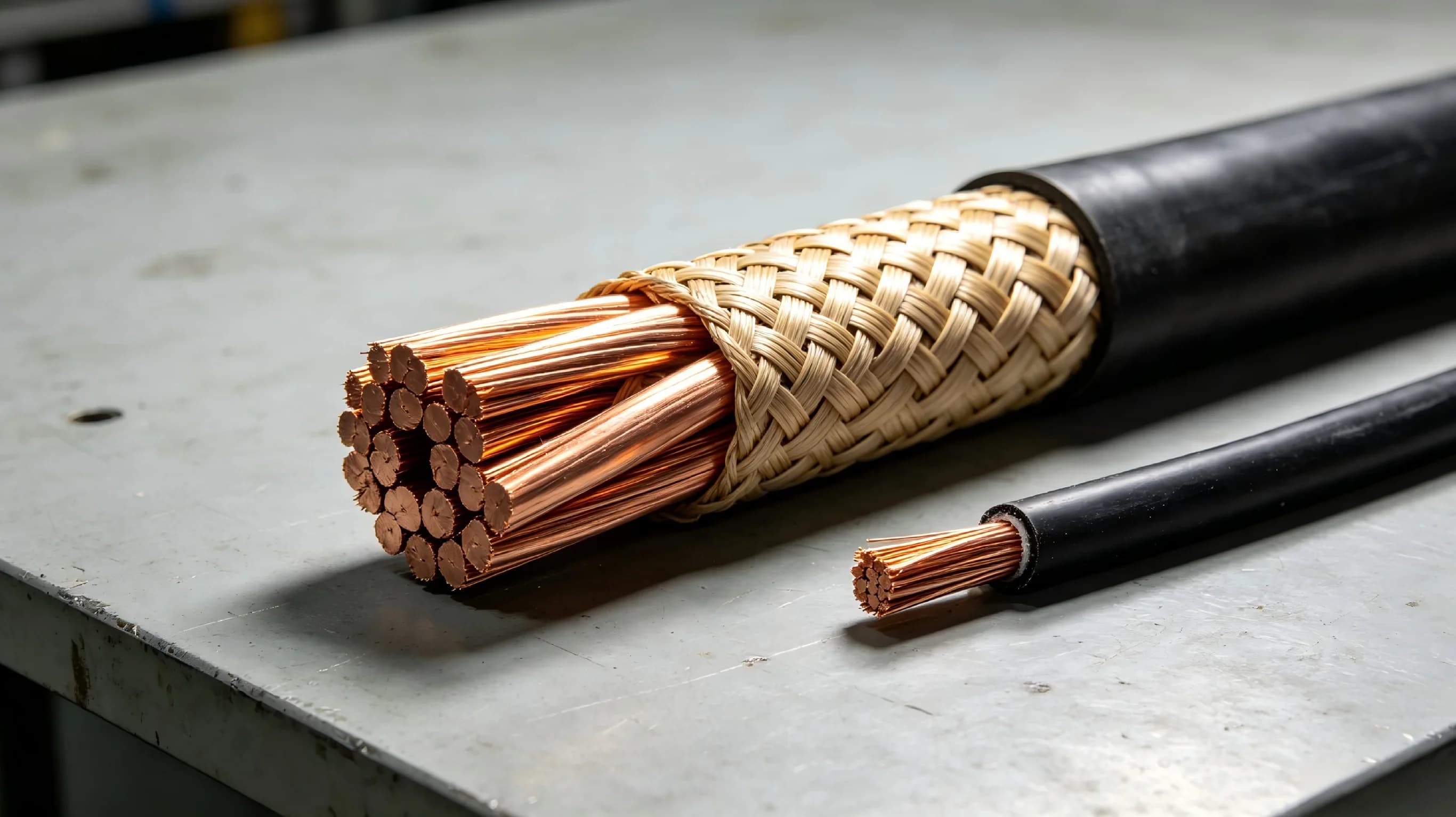 Cable braiding layer comparison — fiber, copper wire, and steel wire braiding structure