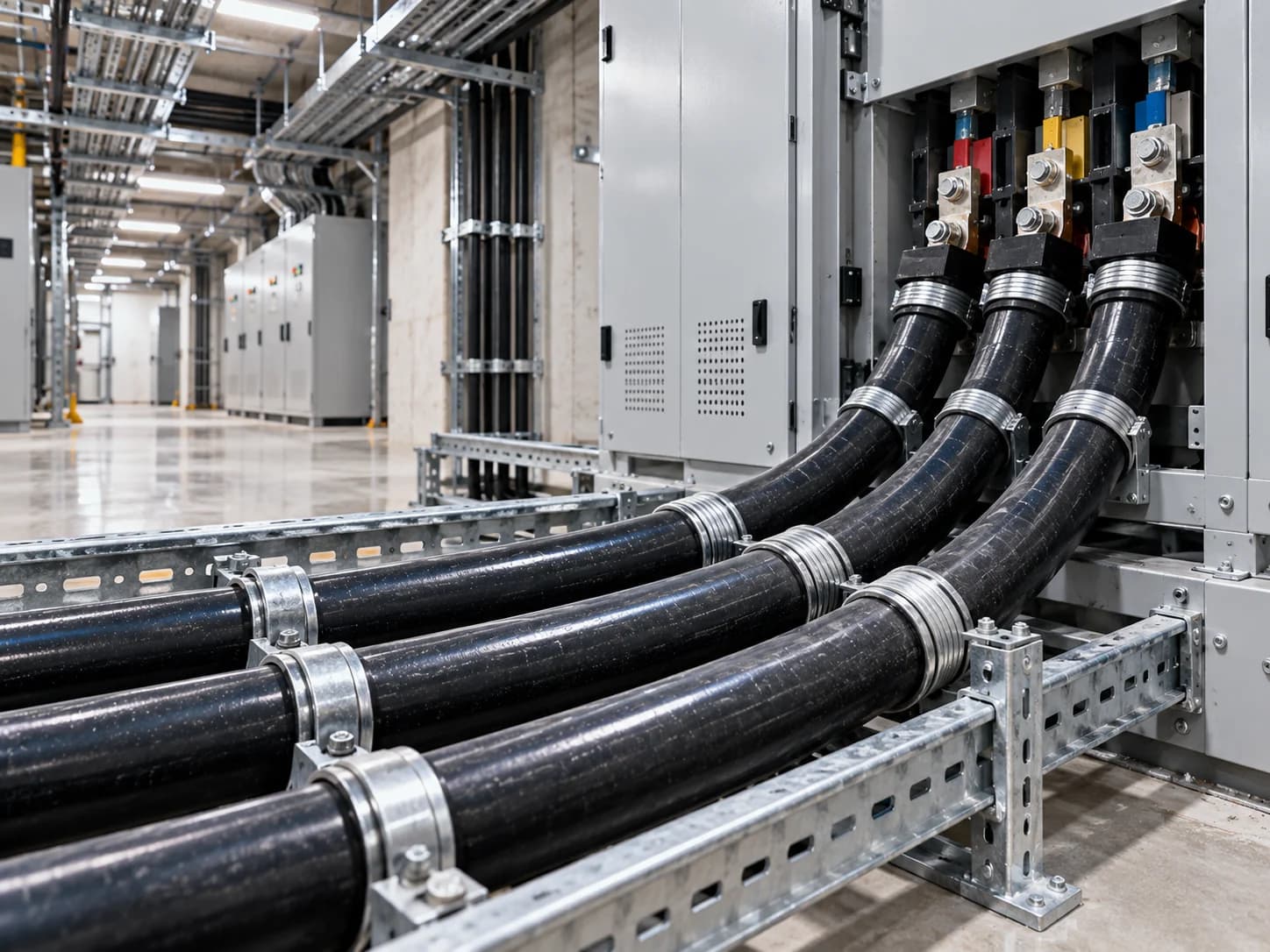Hongce Cable YJV32 Low Voltage Power Cable applied in commercial building electrical distribution room with switchgear and cable support systems