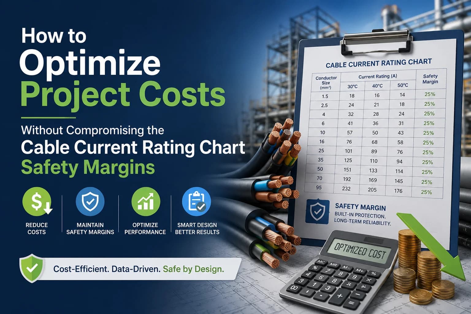 Cable current rating chart with power cables, safety margins, and project cost optimization.
