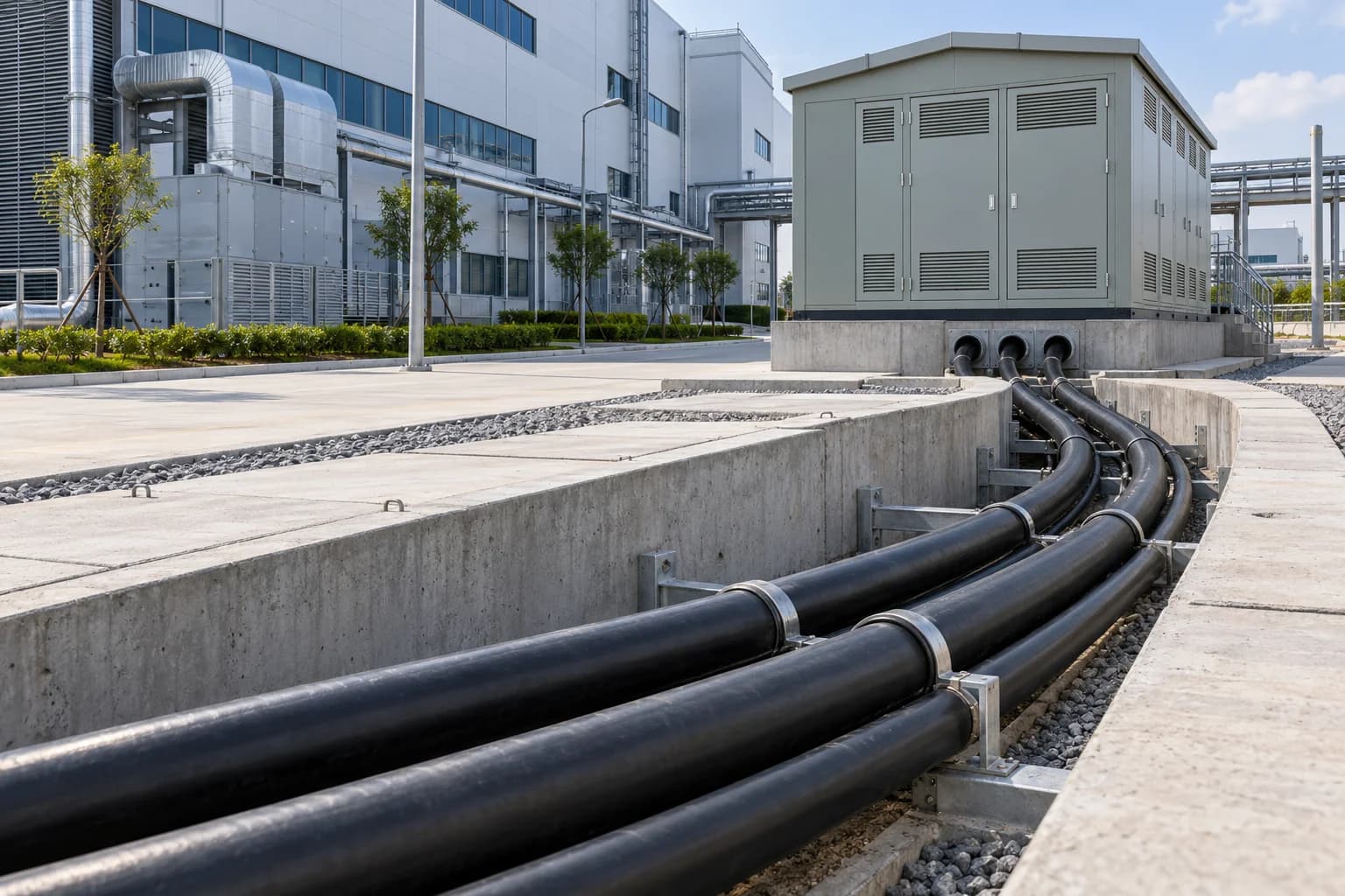 Hongce Cable YJV22 8.7/15 kV armoured power cables laid in a cable trench leading to an industrial park distribution substation
