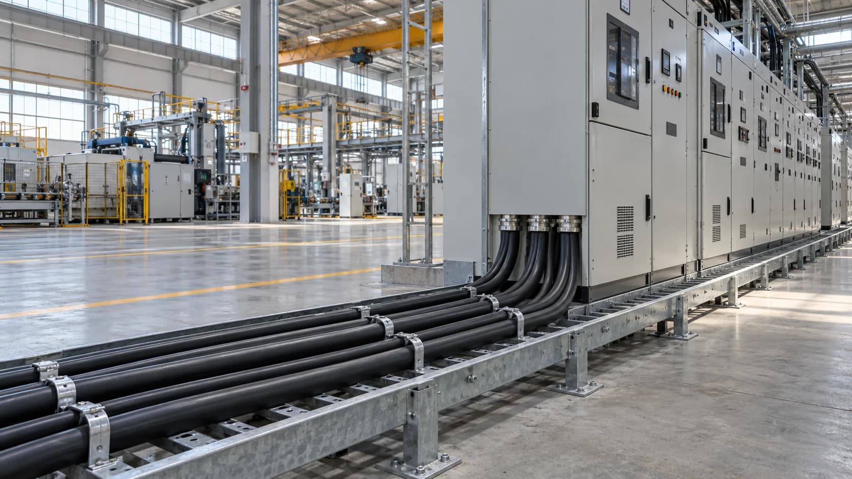 Black power cables on cable trays beside switchgear in a manufacturing plant