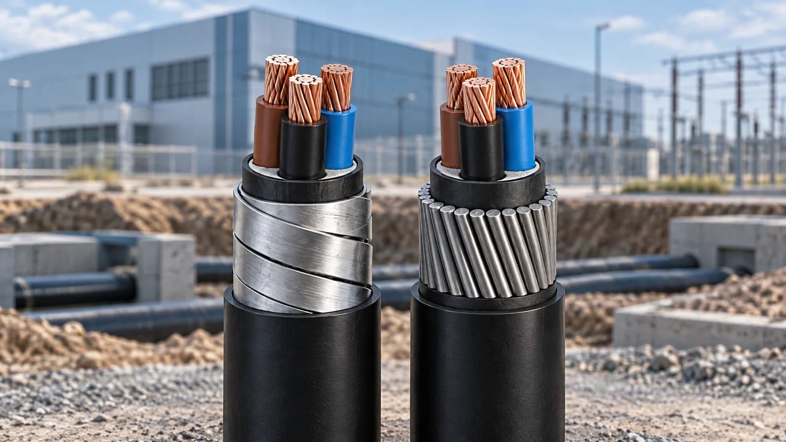 Steel tape and steel wire armoured cables illustrated side by side for underground power projects.
