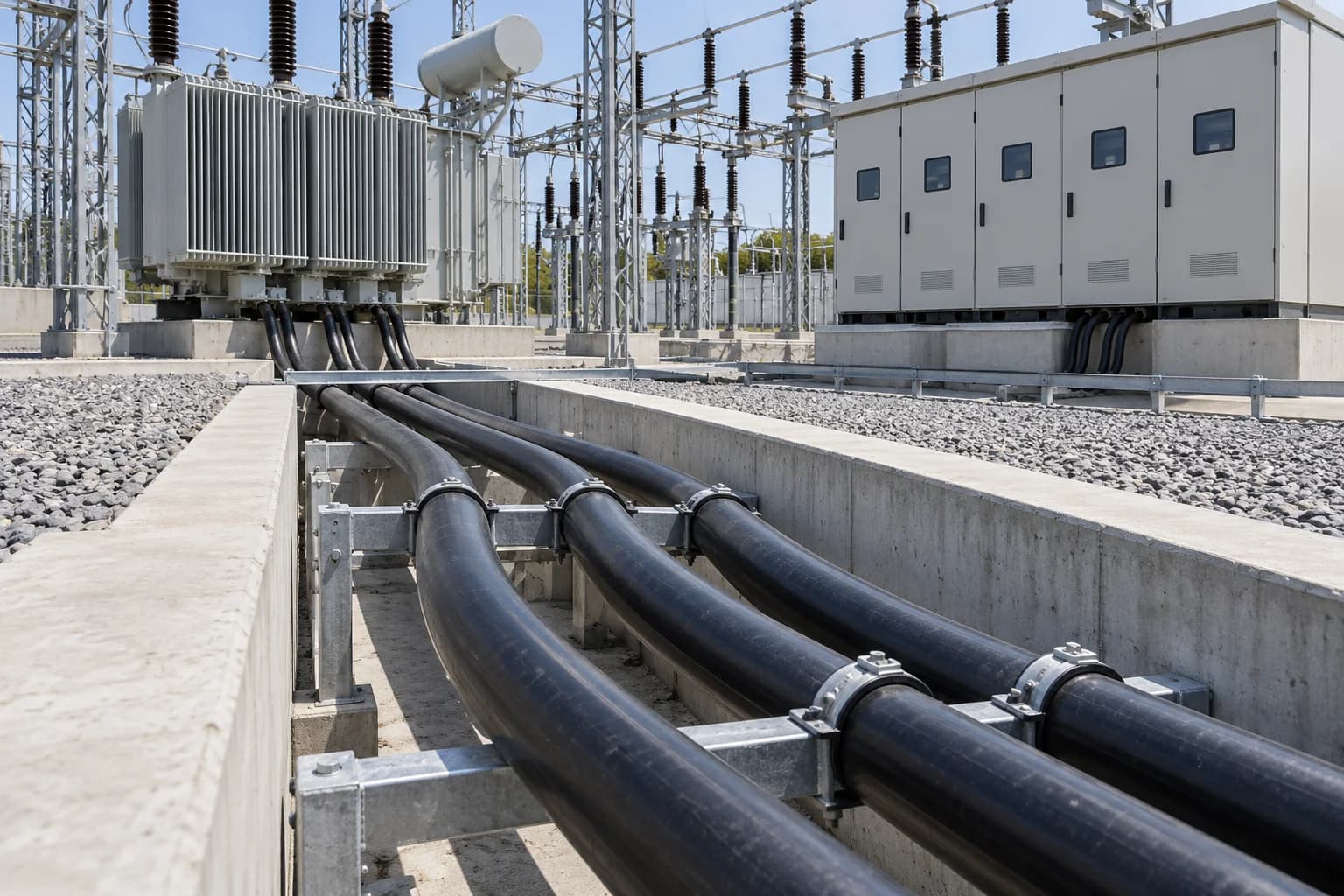 Hongce Cable YJV22 8.7/15 kV armoured power cables routed through a concrete trench toward substation transformers and switchgear