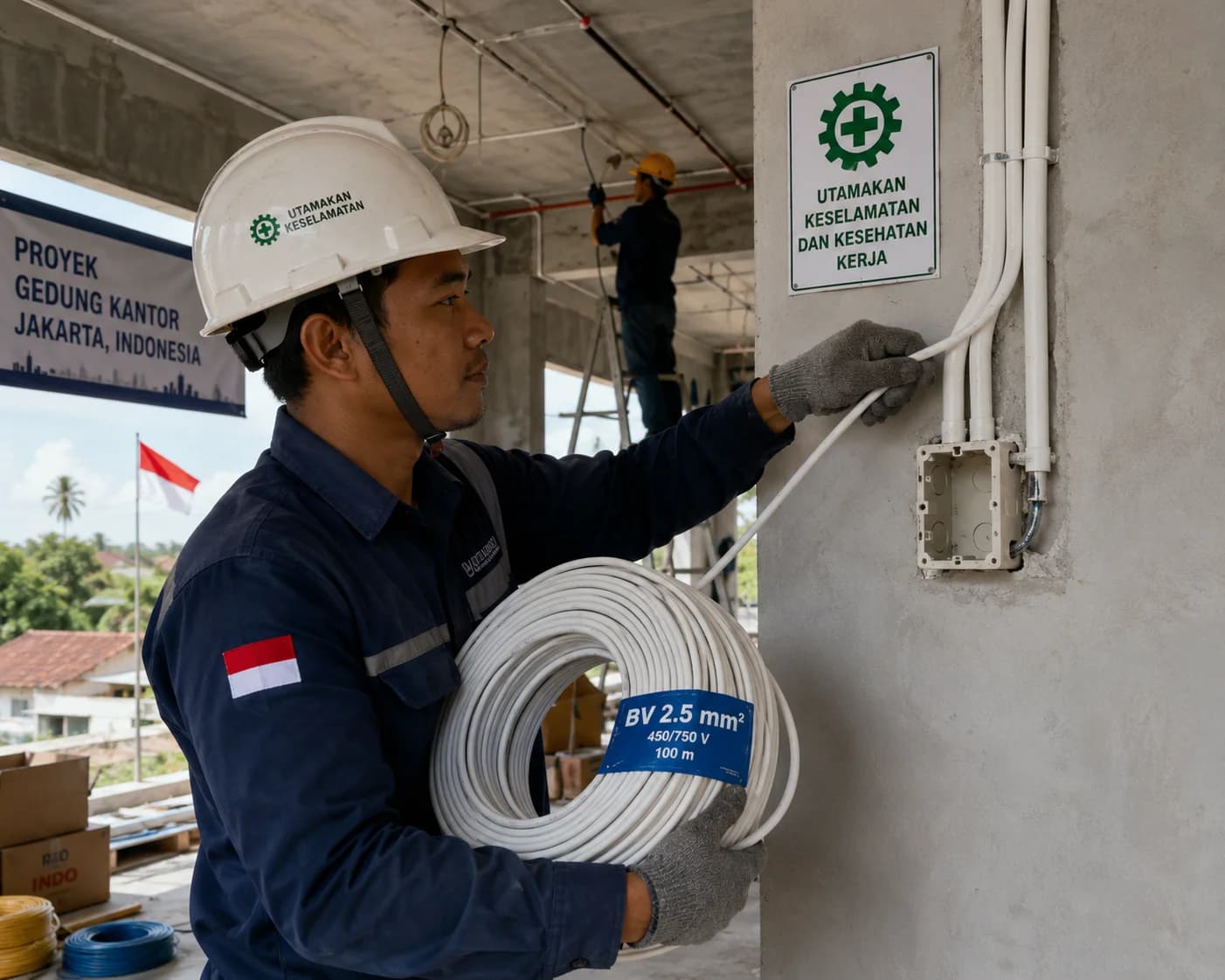 Electrician installing BV copper wire in Indonesia commercial building safely.