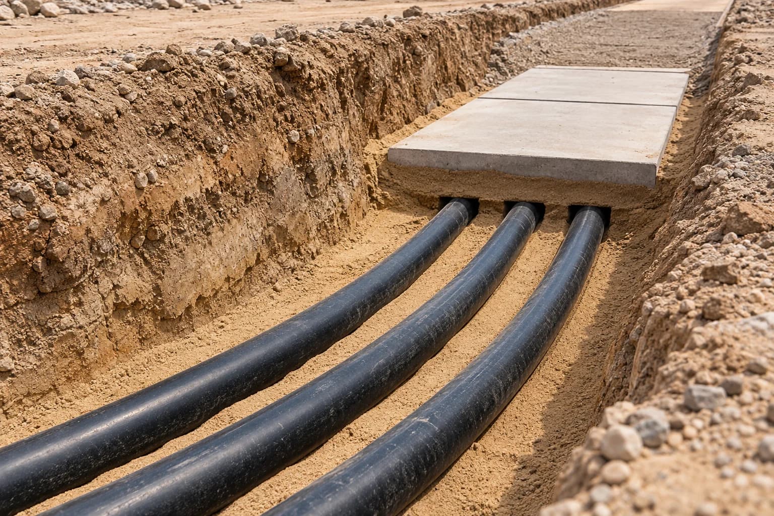 Hongce Cable YJV22 8.7/15 kV armoured power cables laid on sand bedding with protective concrete covers in an underground trench