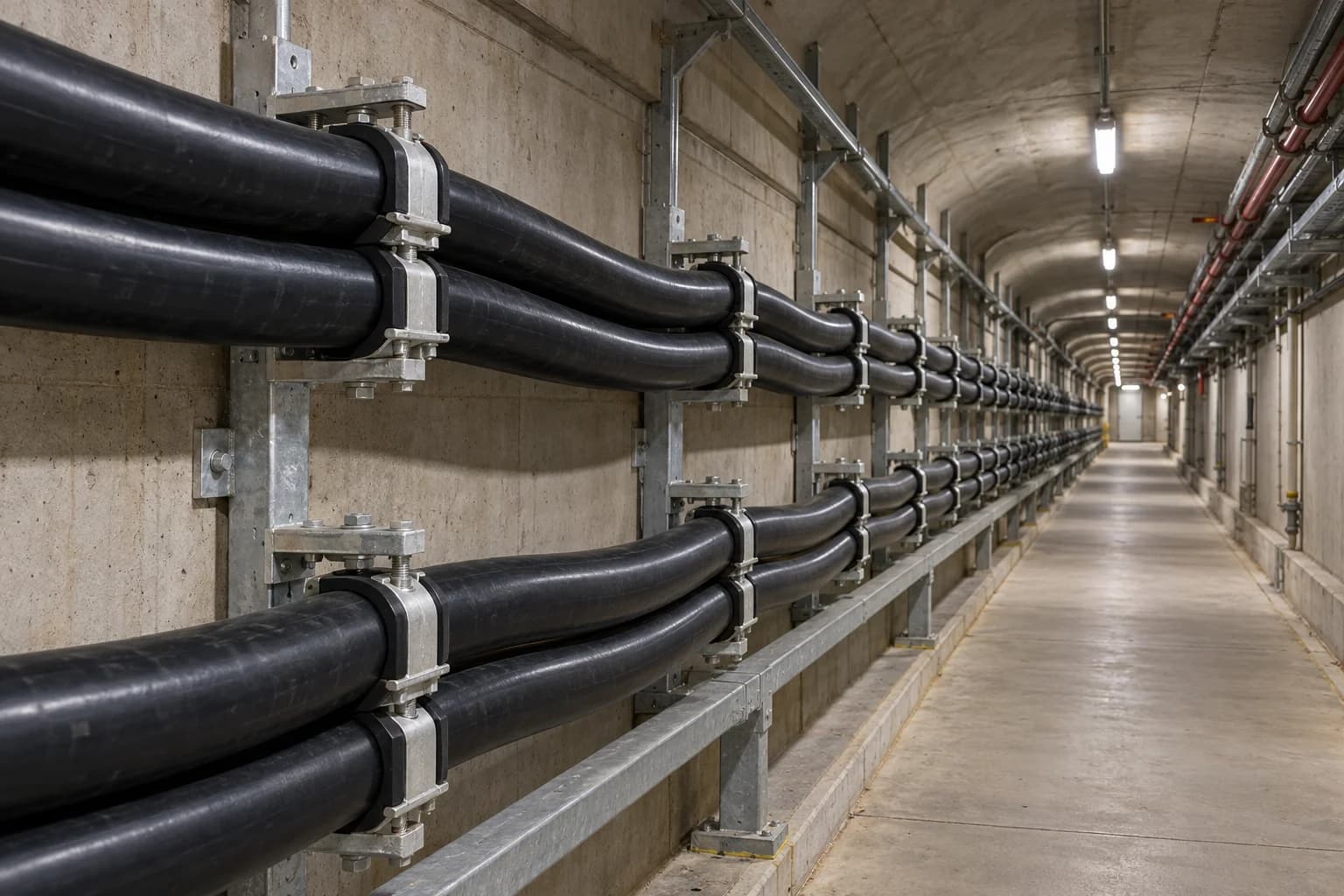 YJV 26/35 kV power cables secured to wall-mounted supports in an underground cable tunnel