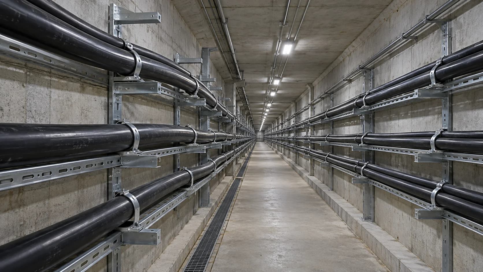 Black power cables secured to wall-mounted trays inside an underground concrete tunnel