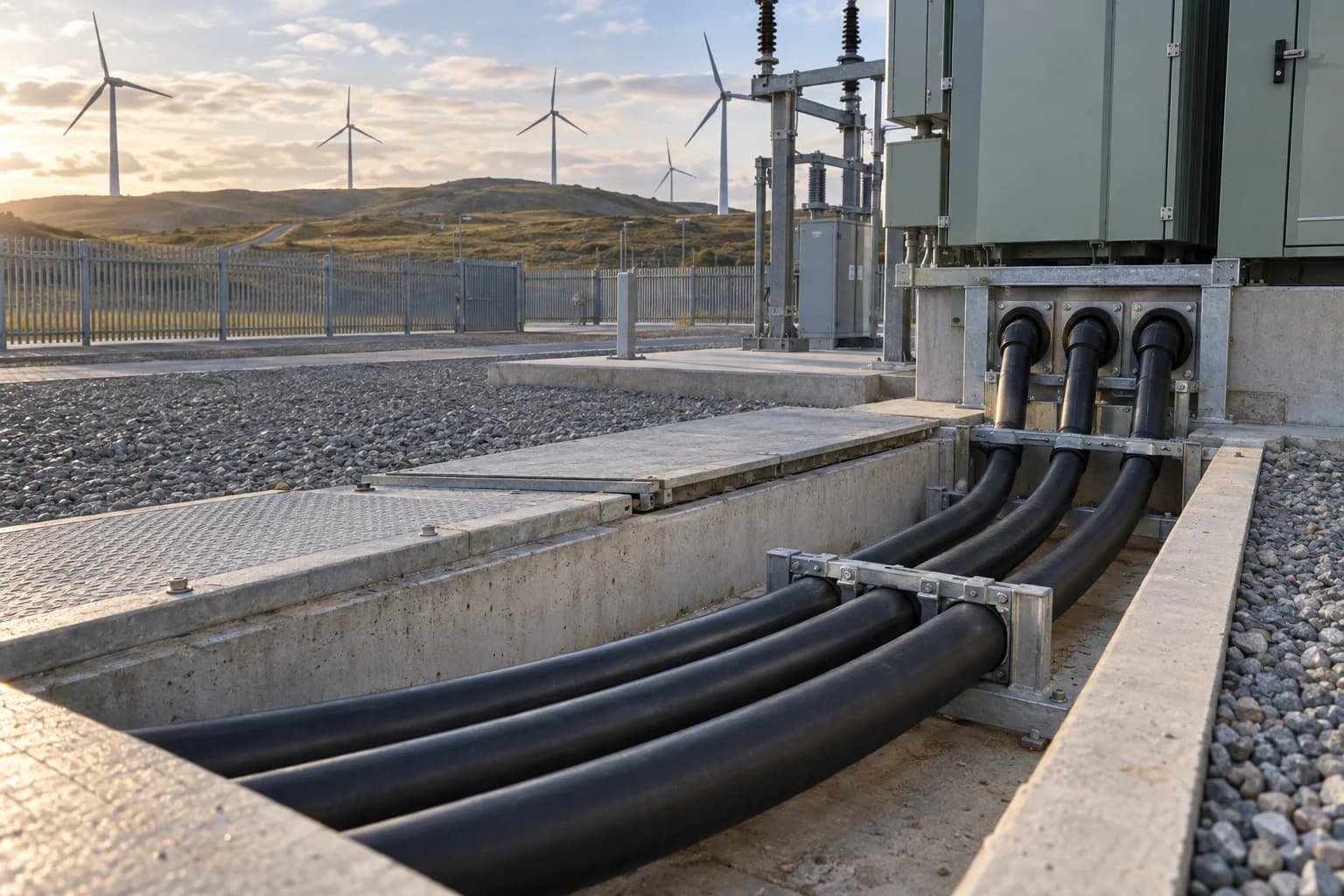 YJV 26/35 kV power cables entering substation equipment through a concrete trench with wind turbines in the background