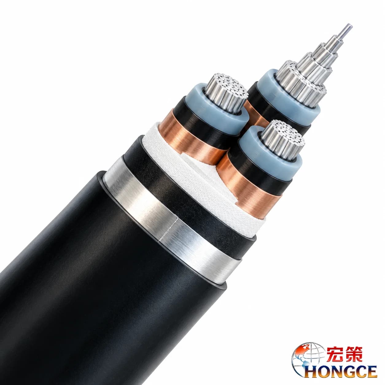Hongce Cable YJLHV22 8.7/15kV three-core armoured cable cutaway showing aluminum alloy conductors, XLPE insulation, copper tape screens, steel tape armour and a black PVC sheath