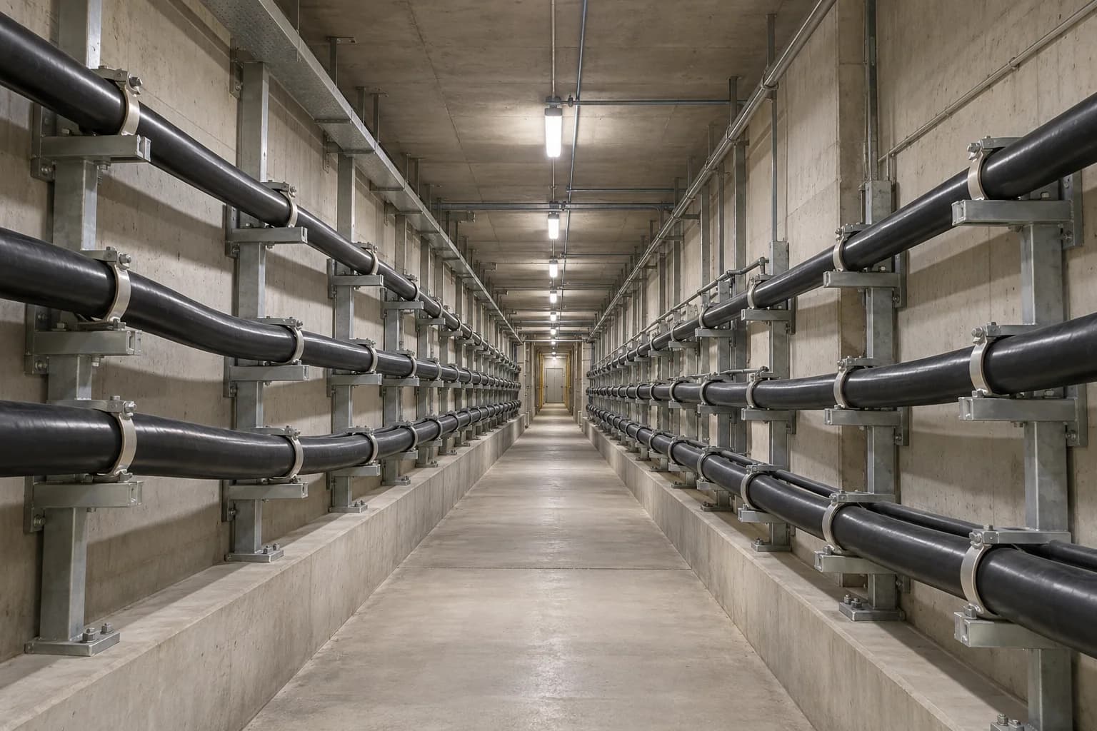 Medium voltage power cables mounted on wall supports along an underground urban cable tunnel