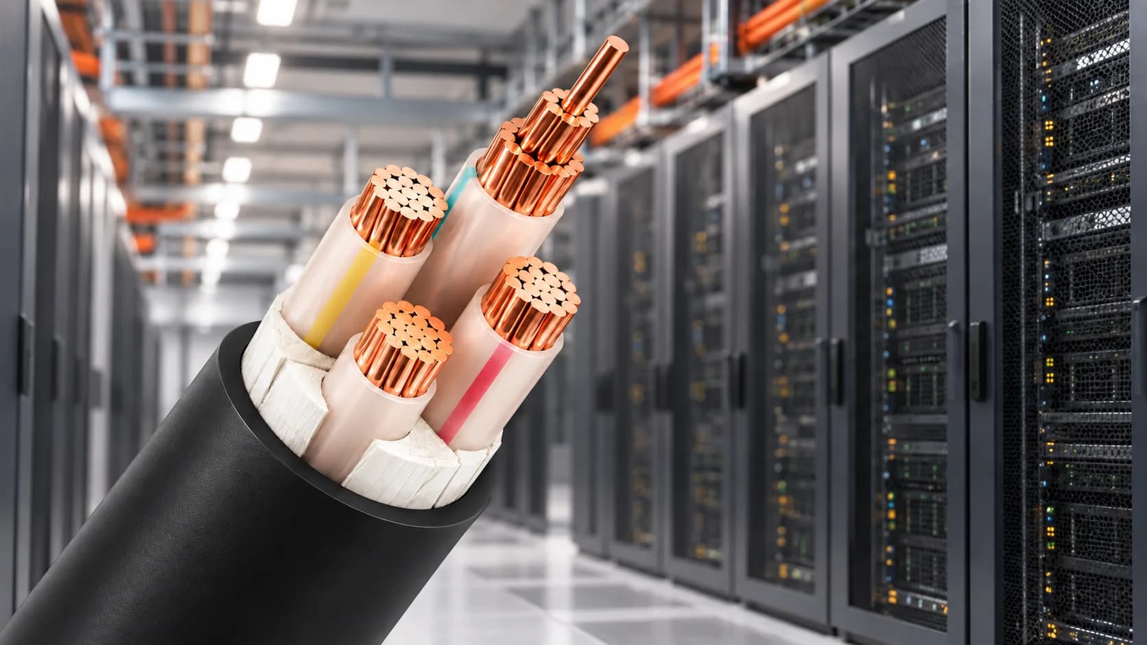 Illustration of an LSZH power cable with copper conductors against data centre server racks