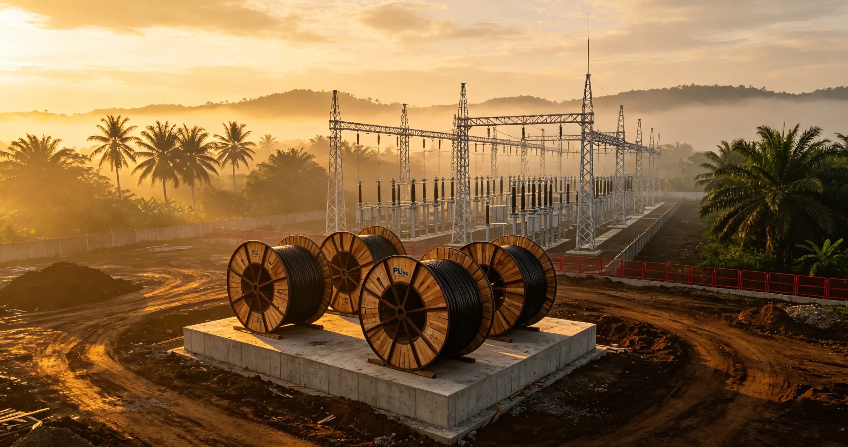 Aerial view of an Indonesian industrial estate medium-voltage substation construction site at golden hour with wooden cable drums staged on concrete foundations.
