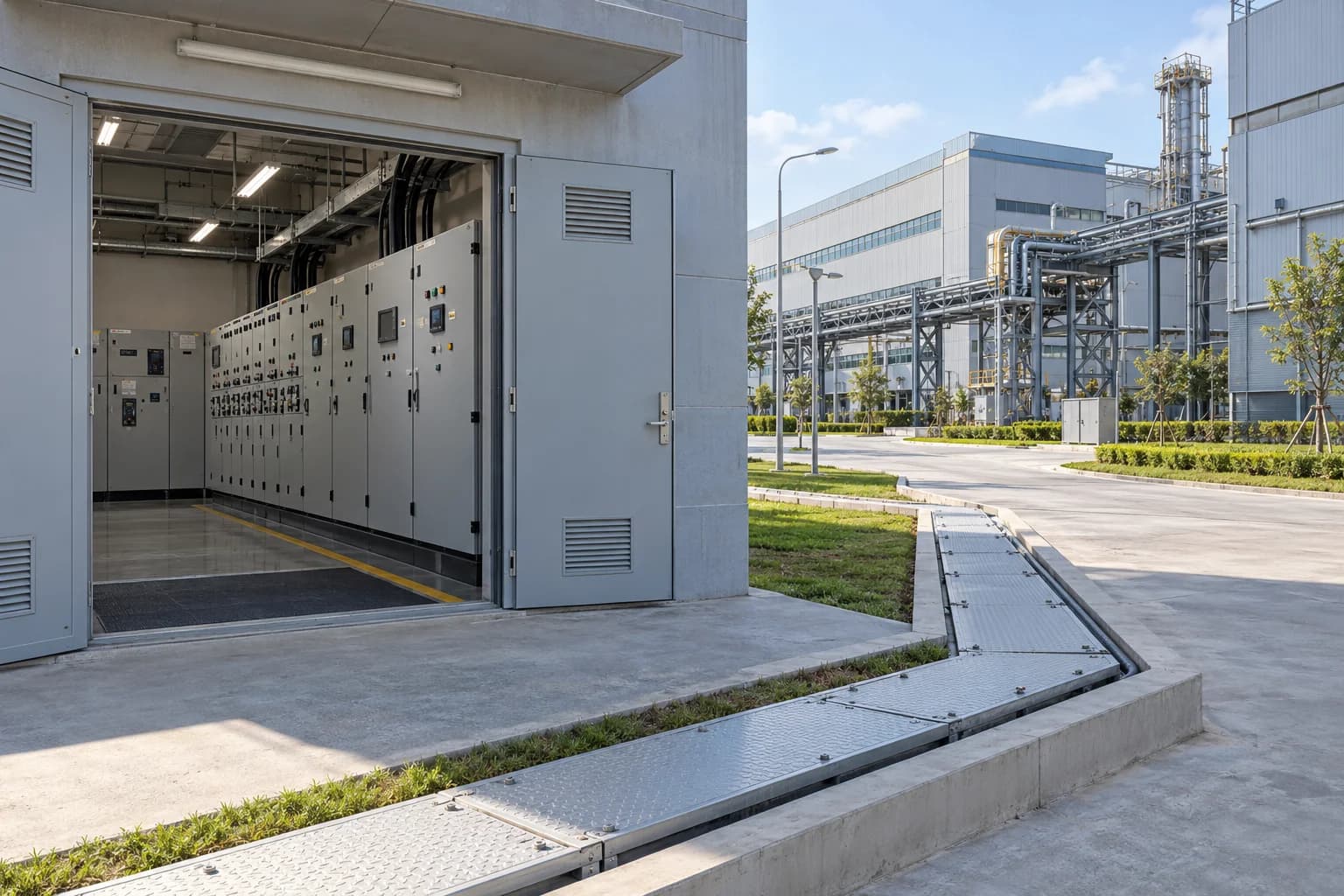 Industrial park power distribution room with switchgear and a covered cable trench serving factory buildings