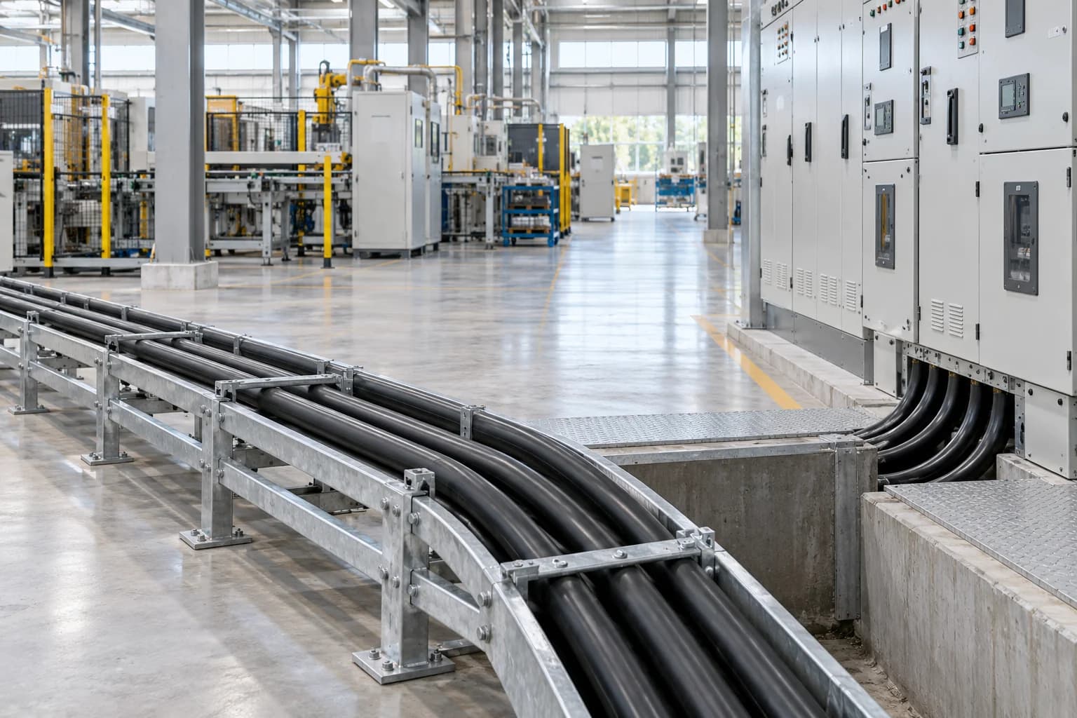 YJV 8.7/15 kV power cables routed on cable trays to industrial plant switchgear