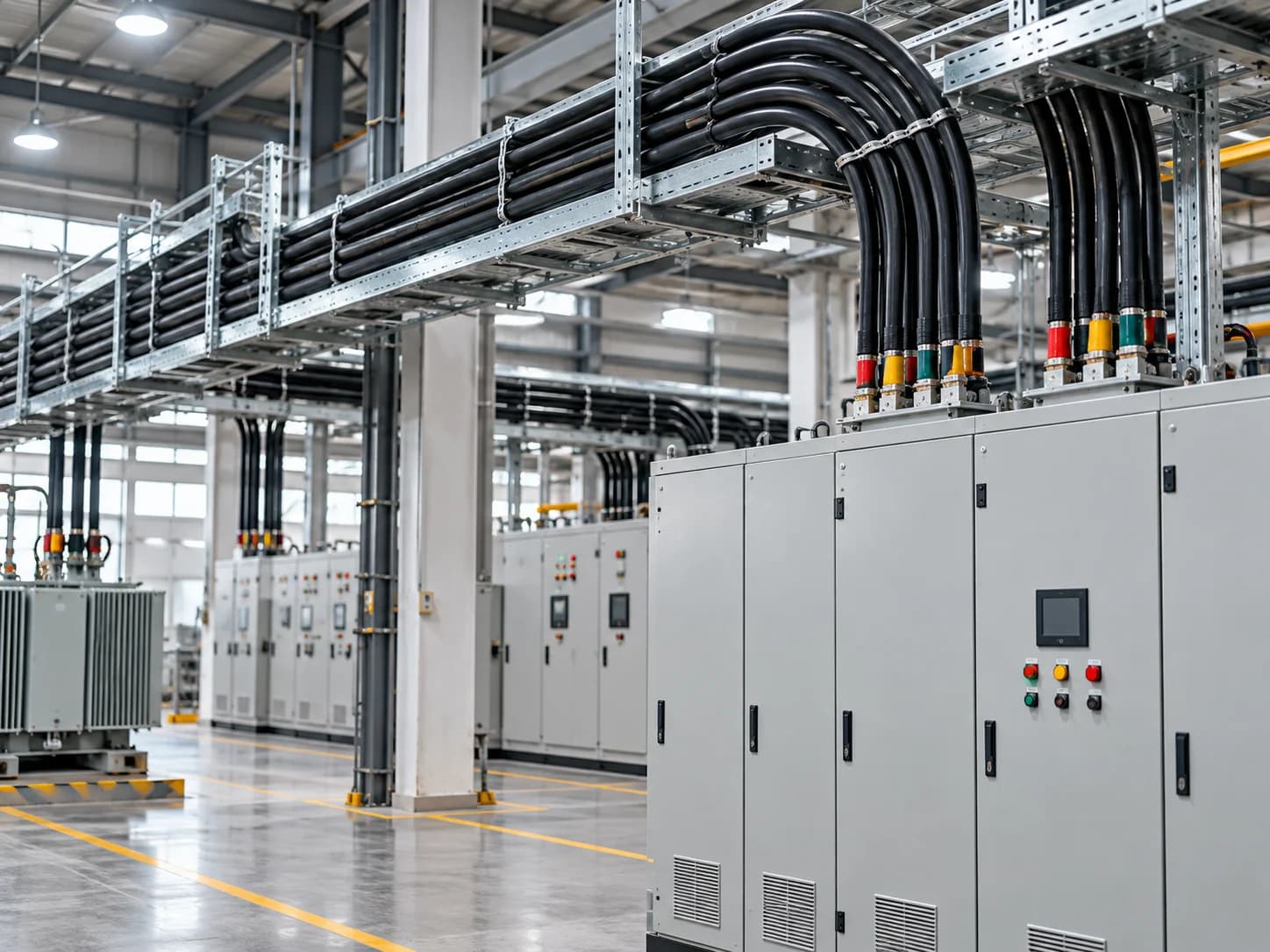 Hongce Cable ZR-YJV 0.6/1kV Flame Retardant Copper XLPE Power Cable installed in industrial factory power distribution system with cable trays and switchgear