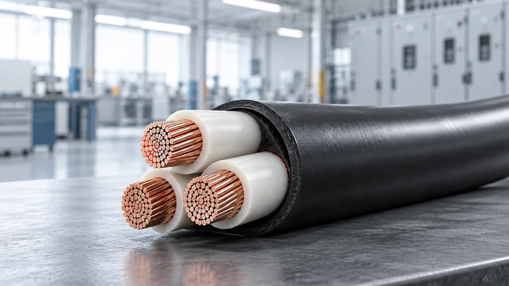 llustration of a three-core XLPE-insulated power cable with copper conductors in an industrial setting.