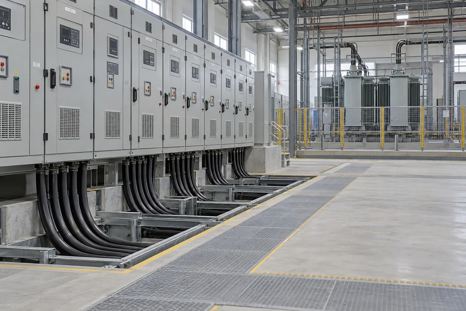 Medium voltage switchgear and power cables routed through a protected trench at a distribution substation