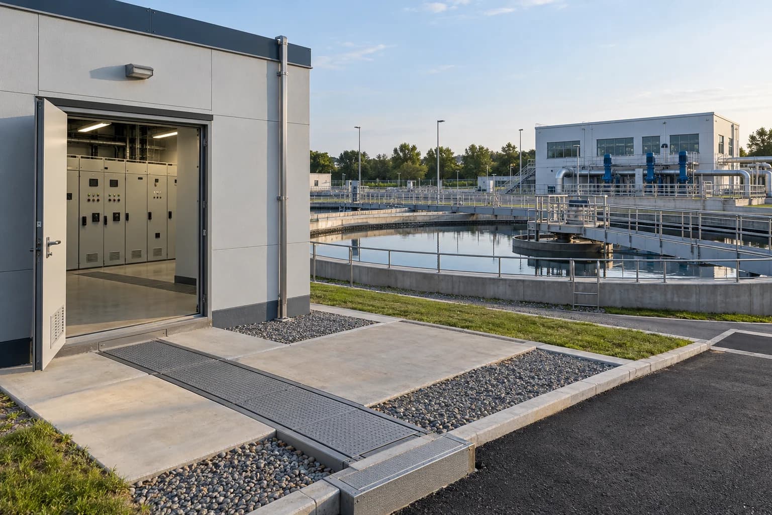Water treatment plant with an electrical distribution building and protected cable route serving the pumping facilities